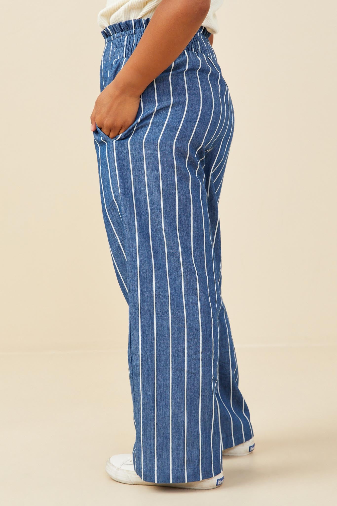 Smocked Waist Pinstripe Wide Leg Chambray Pants