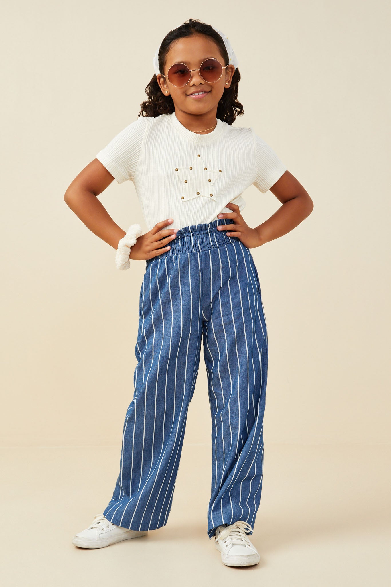 GB0302 Denim Girls Smocked Waist Pinstripe Wide Leg Chambray Pants Pose