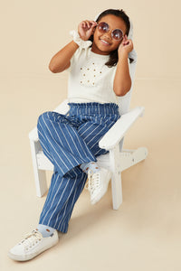 GB0302 Denim Girls Smocked Waist Pinstripe Wide Leg Chambray Pants Pose 2