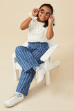 GB0302 Denim Girls Smocked Waist Pinstripe Wide Leg Chambray Pants Pose 2