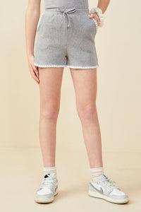 GB0363 Grey Crochet Stitch Detail Ribbed Knit Boxer Shorts Front