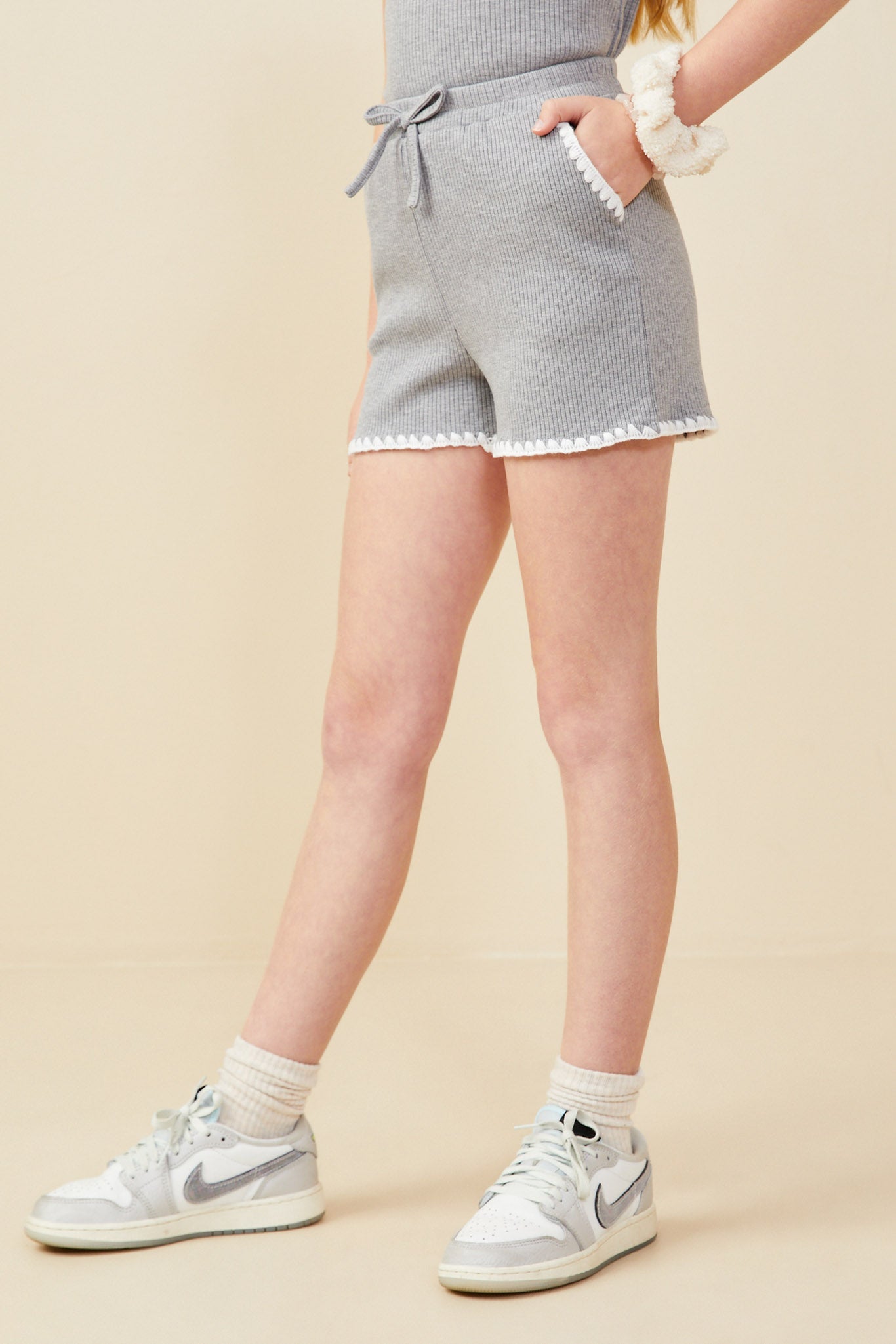 GB0363 Grey Crochet Stitch Detail Ribbed Knit Boxer Shorts Side
