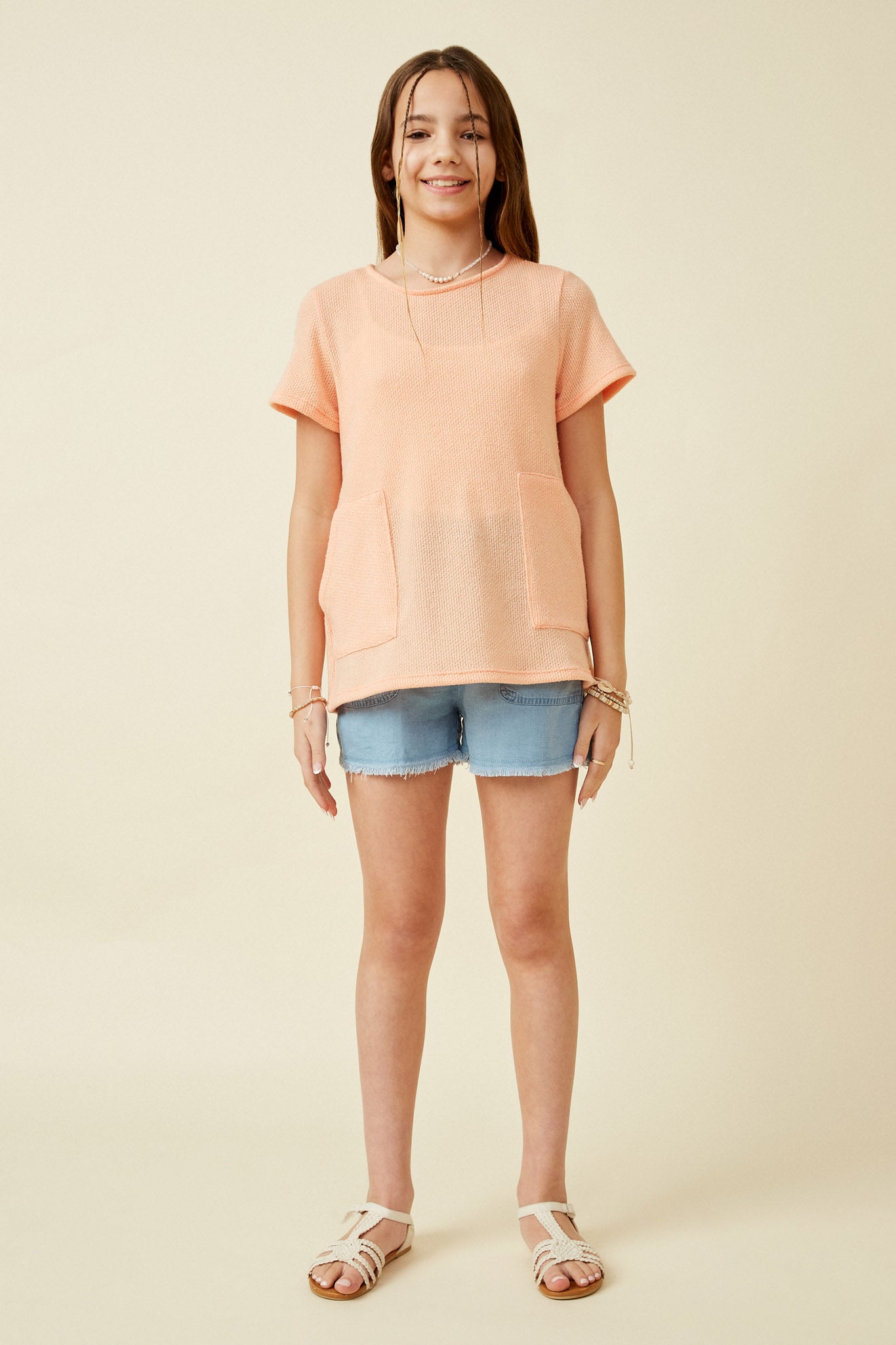 Waffle Knit Patch Pocket Short Sleeve Dolman Top