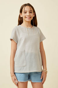 GDK1787 Light Grey Girls Waffle Knit Patch Pocket Short Sleeve Dolman Top Front