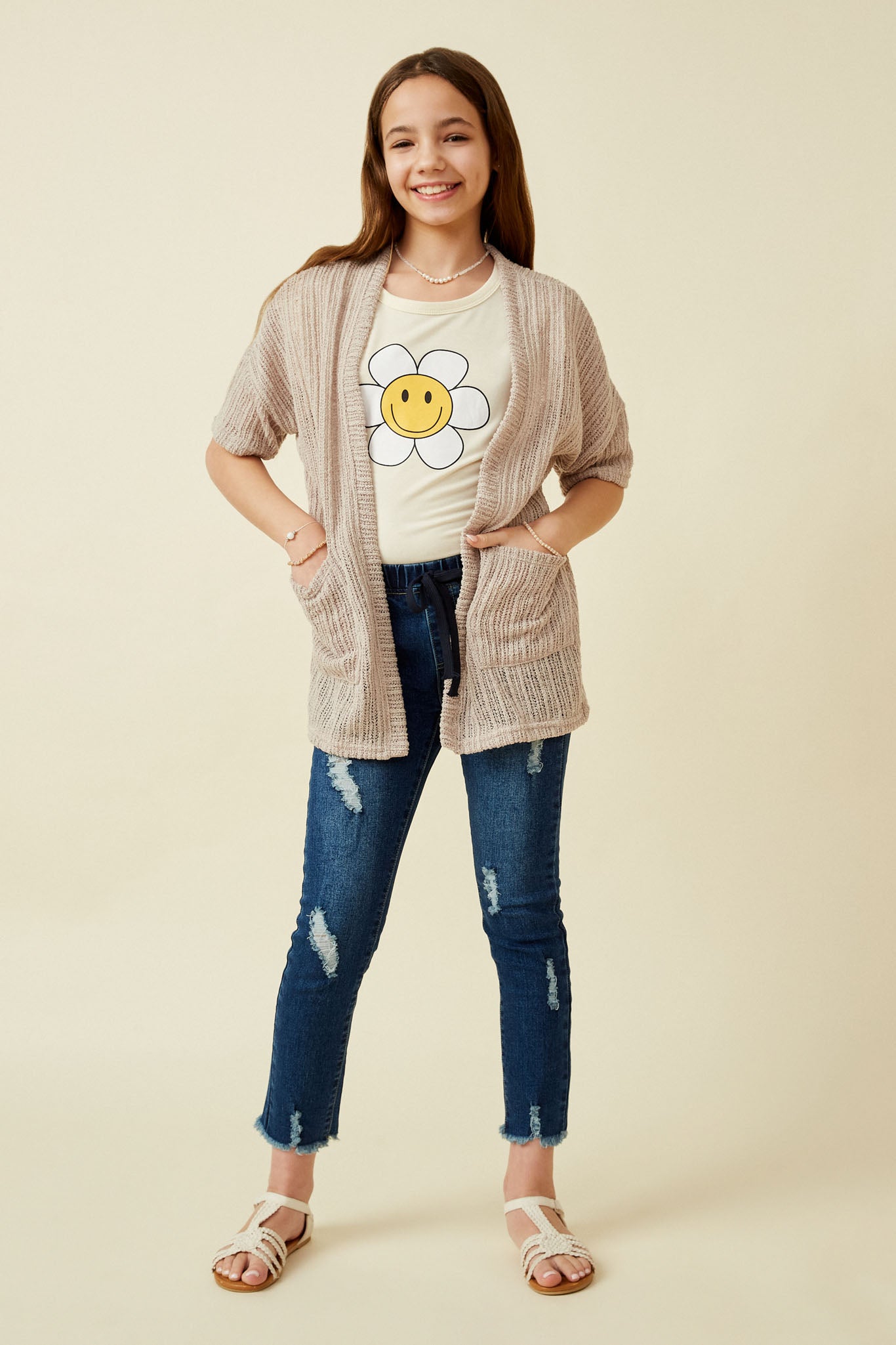 Textured Ribbed Knit Short Sleeve Kimono