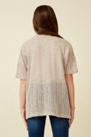 GDK1906 Brown Girls Textured Ribbed Knit Short Sleeve Kimono Back