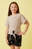 GDK1907 Brown Girls Textured Ribbed Tie Front V Neck Top Front