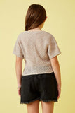 GDK1907 Brown Girls Textured Ribbed Tie Front V Neck Top Back