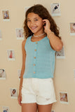 GDK1909 Blue Girls Patterned Button Detail Knit Tank Front