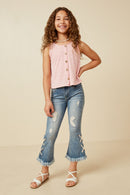 GDK1909 Pink Girls Patterned Button Detail Knit Tank Full Body