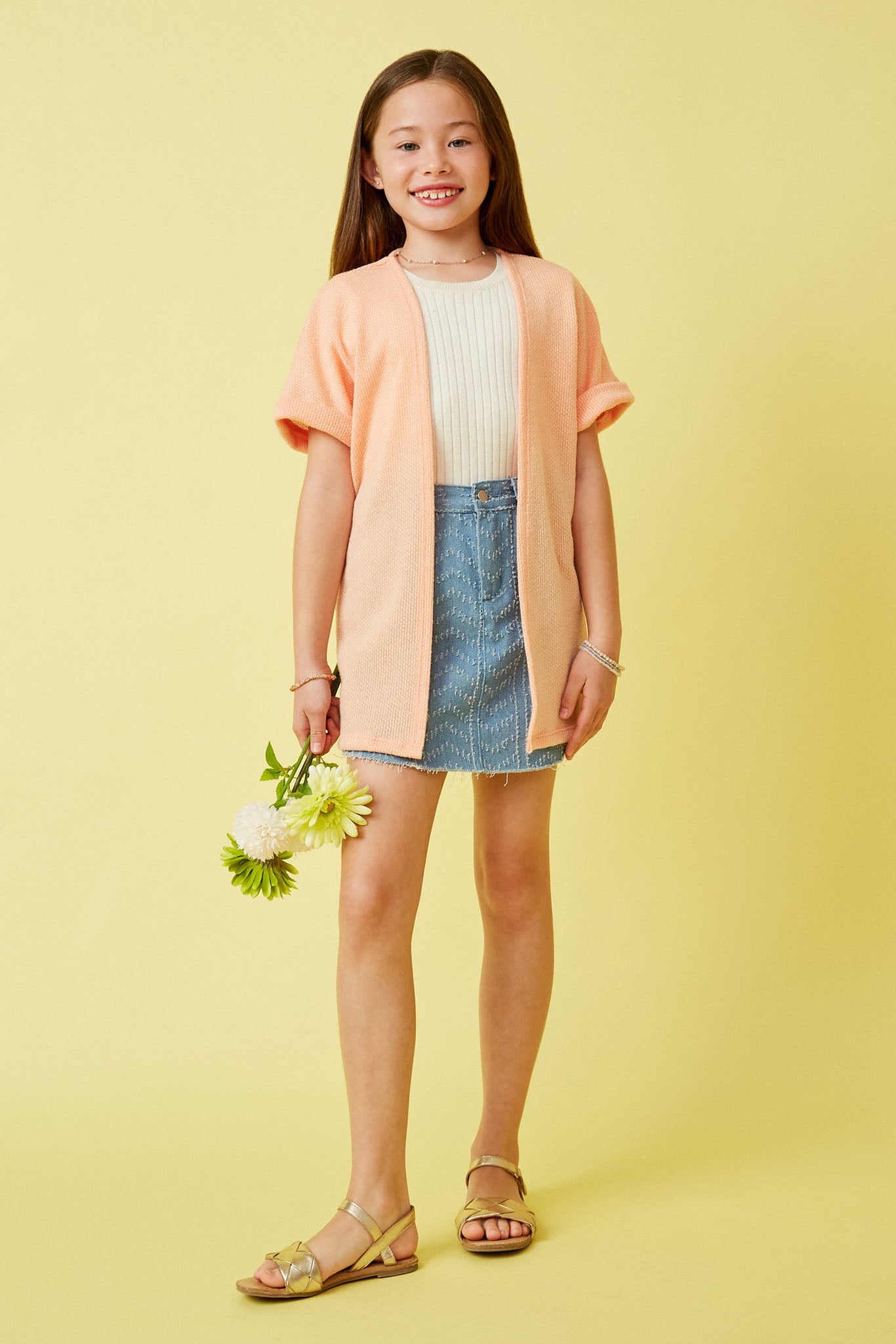 Textured Knit Roll Sleeve Open Kimono