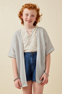 GDK1910 Grey Girls Textured Knit Roll Sleeve Open Kimono Front