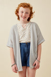 GDK1910 Grey Girls Textured Knit Roll Sleeve Open Kimono Front