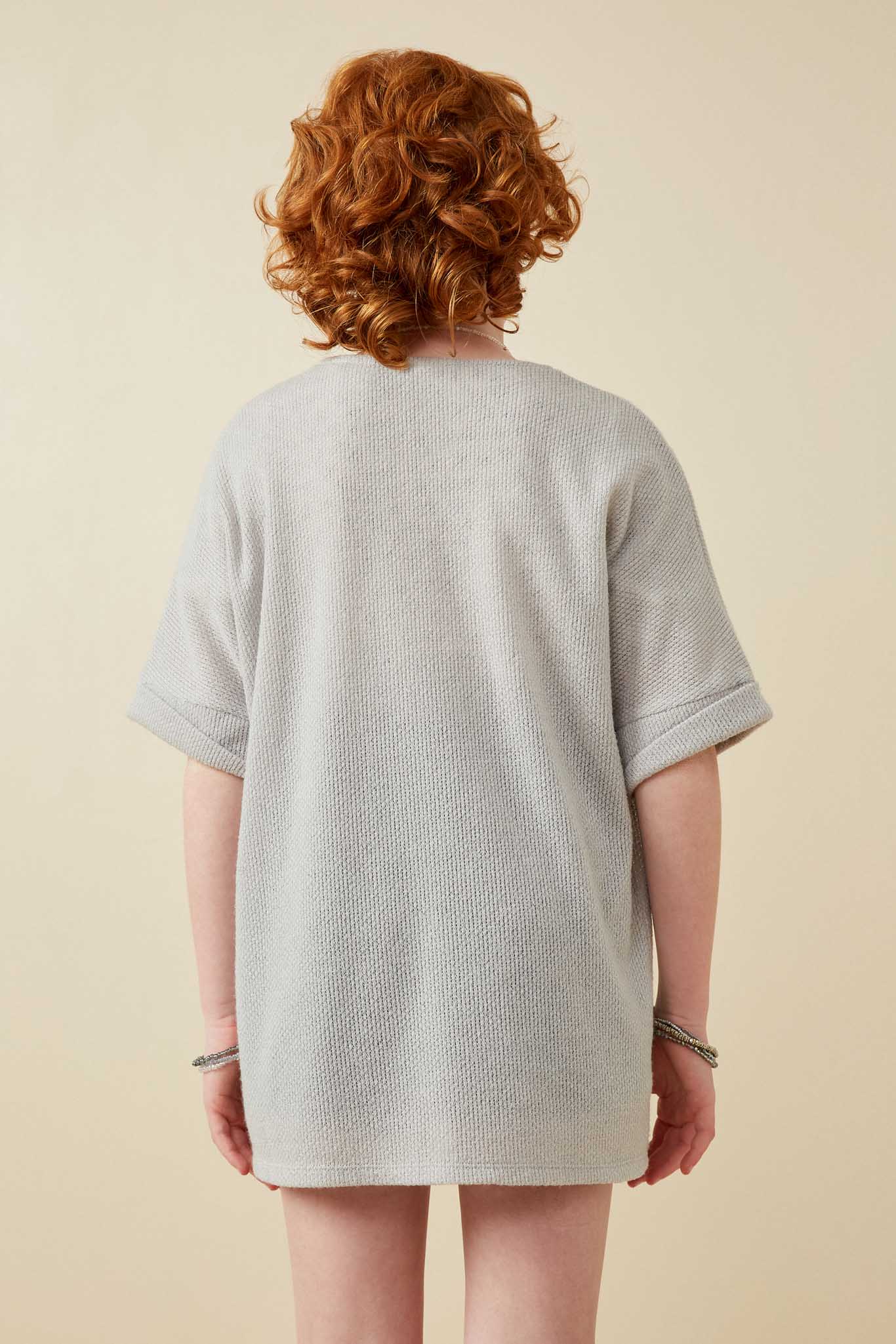 GDK1910 Grey Girls Textured Knit Roll Sleeve Open Kimono Back