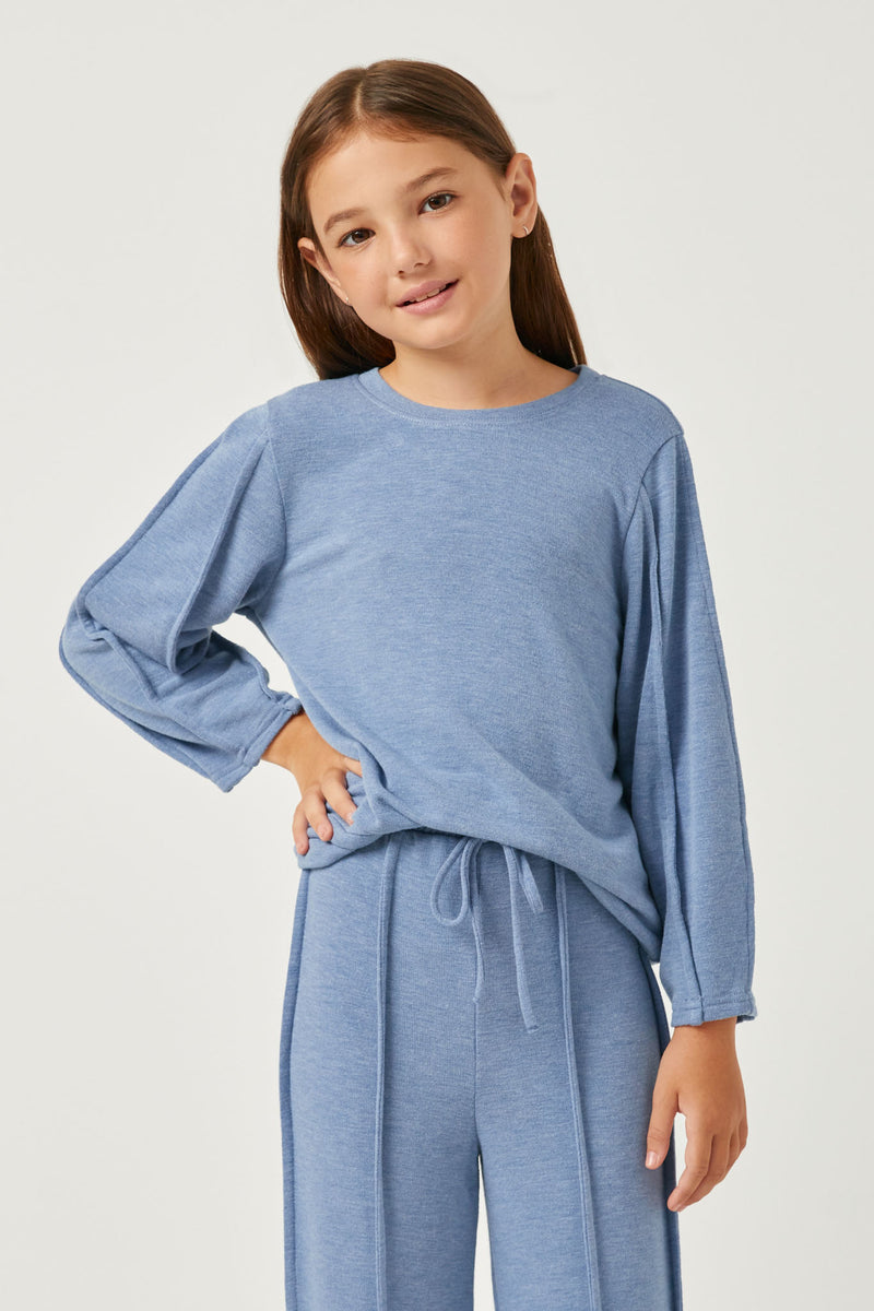 GDN4096 DENIM Girls Seam Detail Long Sleeve Brushed Terry Top Front