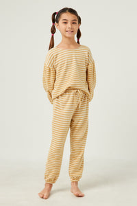 GDN4152 Mustard Girls Brushed Stripe Puff Sleeve Knit Top Pose