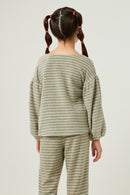 GDN4152 Olive Girls Brushed Stripe Puff Sleeve Knit Top Back