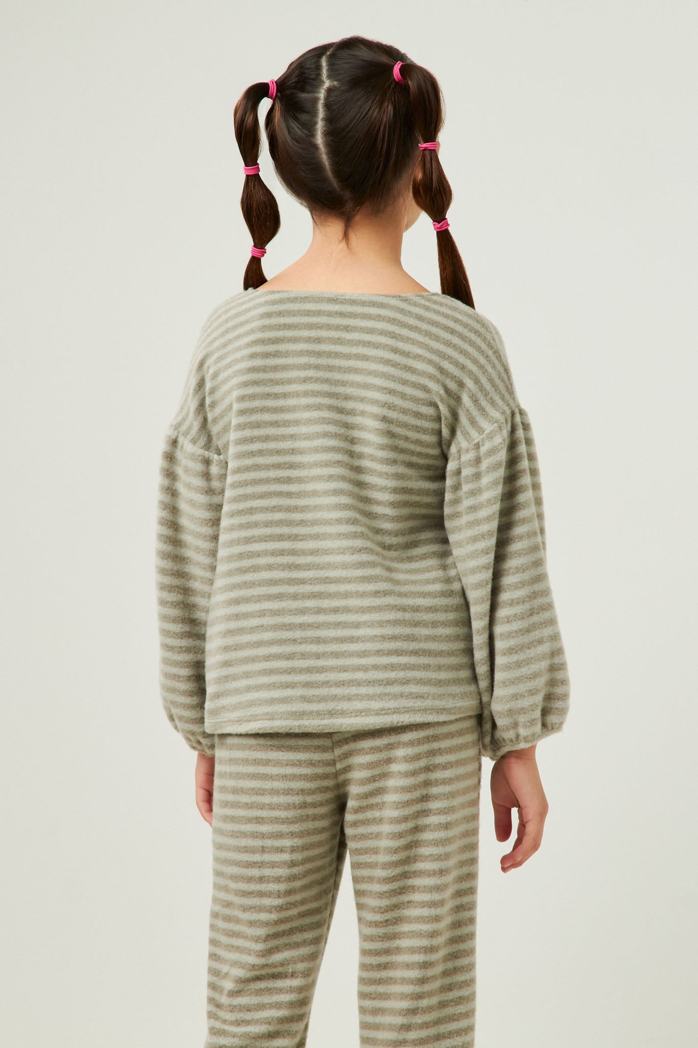 GDN4152 Olive Girls Brushed Stripe Puff Sleeve Knit Top Back