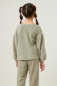 GDN4152 Olive Girls Brushed Stripe Puff Sleeve Knit Top Back