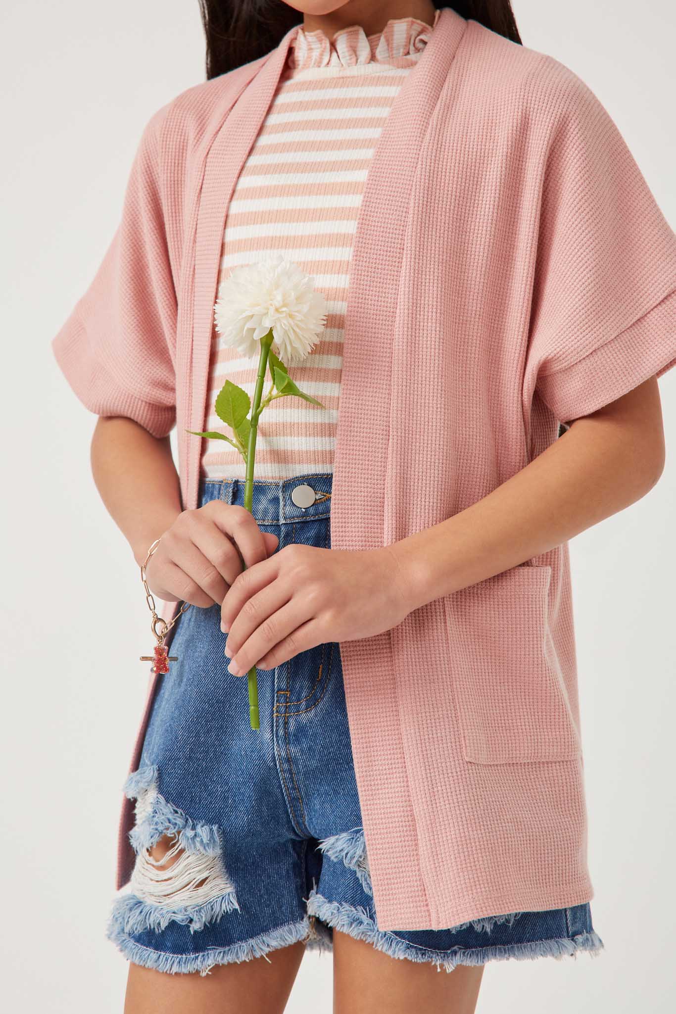 Waffle Knit Short Sleeve Open Cardigan
