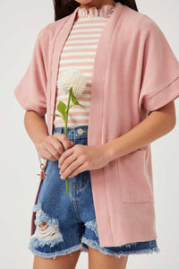 GDN4699 PINK Girls Waffle Knit Short Sleeve Open Cardigan Detail