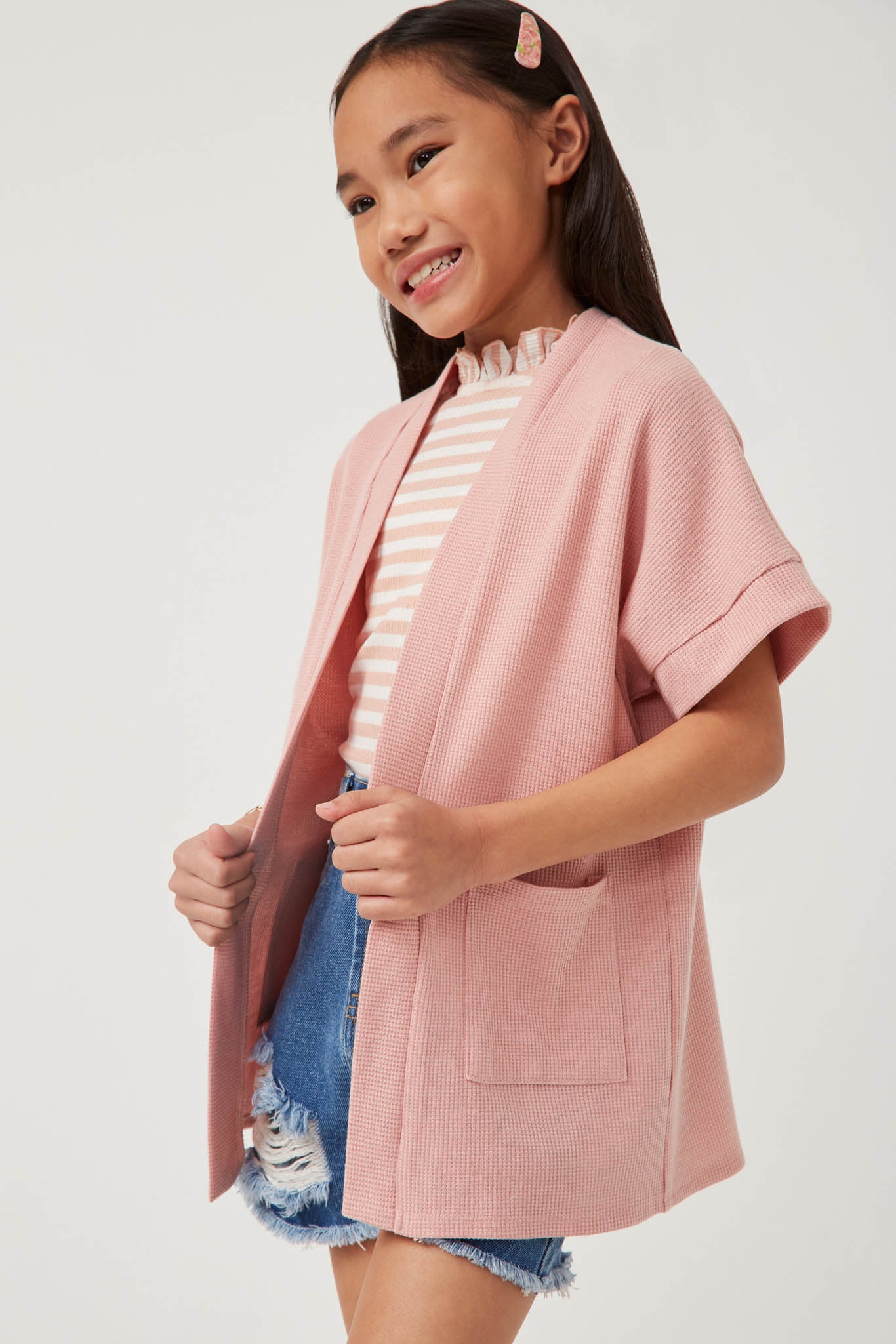 GDN4699 PINK Girls Waffle Knit Short Sleeve Open Cardigan Side