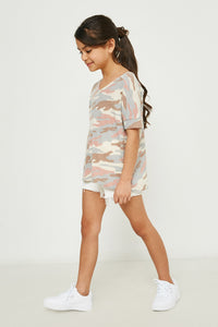 GDY2771 BLUE Girls V Neck Waffle Knit Camo Top Side