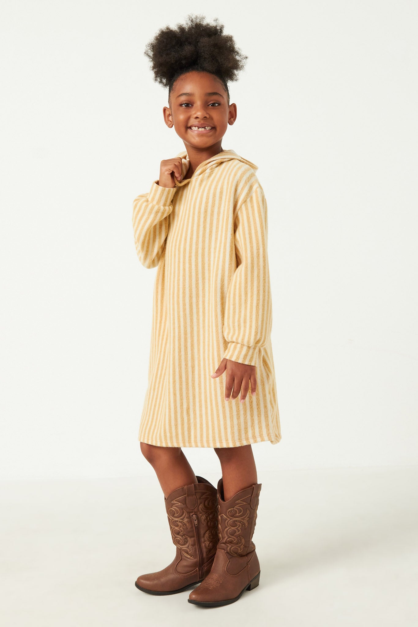 GDY2960 MUSTARD Girls Brushed Stripe Hooded Long Sleeve Knit Dress Side