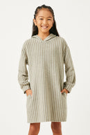 GDY2960 OLIVE Girls Brushed Stripe Hooded Long Sleeve Knit Dress Front