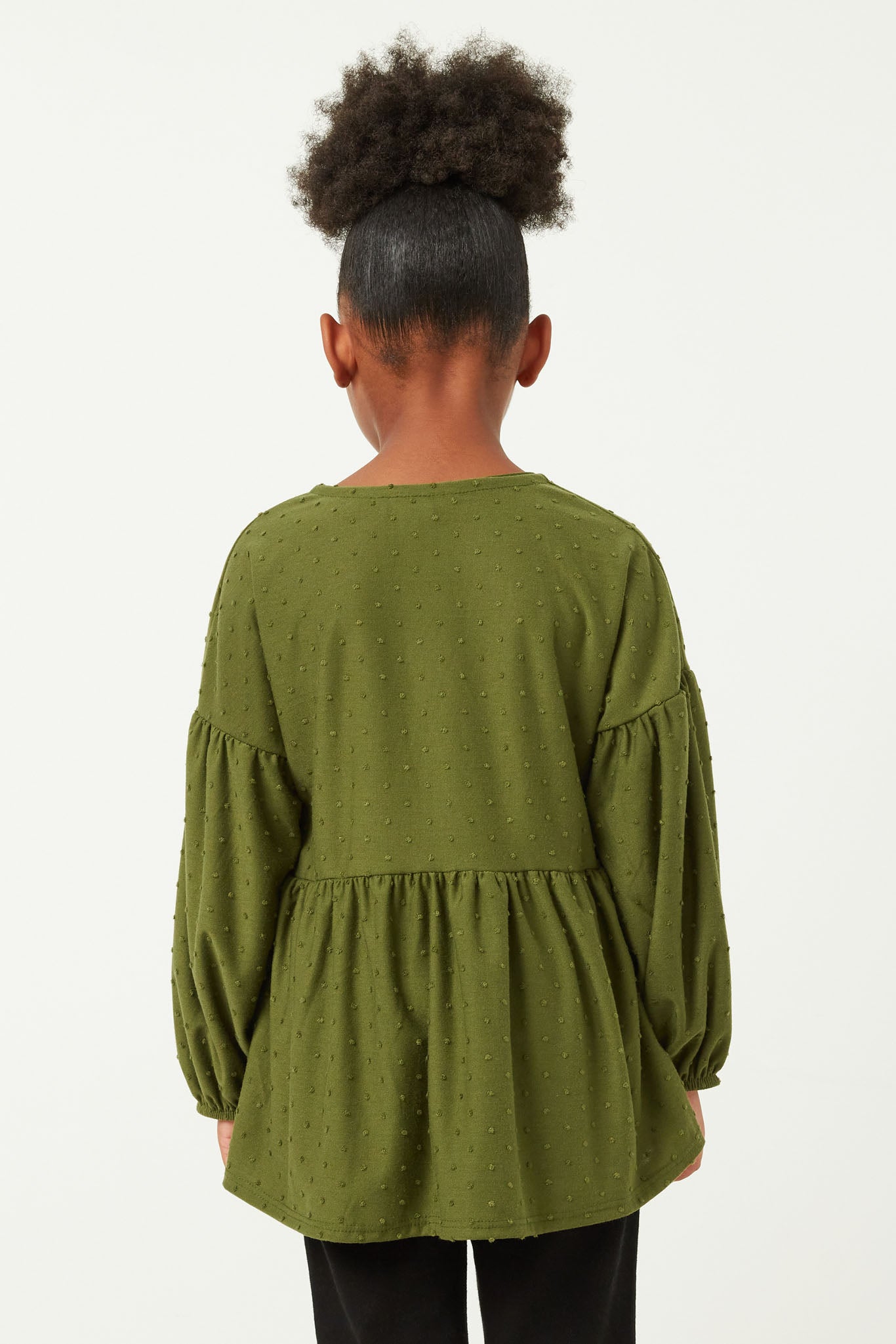 GDY5064 OLIVE Girls Puff Sleeve V Neck Knit Swiss Dot Top Back