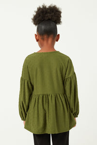 GDY5064 OLIVE Girls Puff Sleeve V Neck Knit Swiss Dot Top Back
