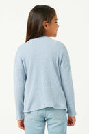 GDY5139 DENIM Girls Heathered Ribbed Knit Pocket Cardigan Back