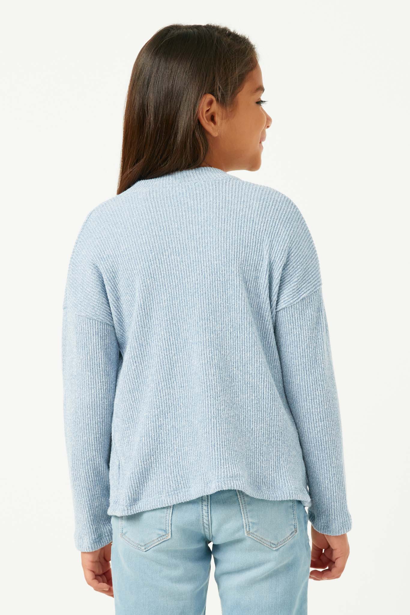 GDY5139 DENIM Girls Heathered Ribbed Knit Pocket Cardigan Back