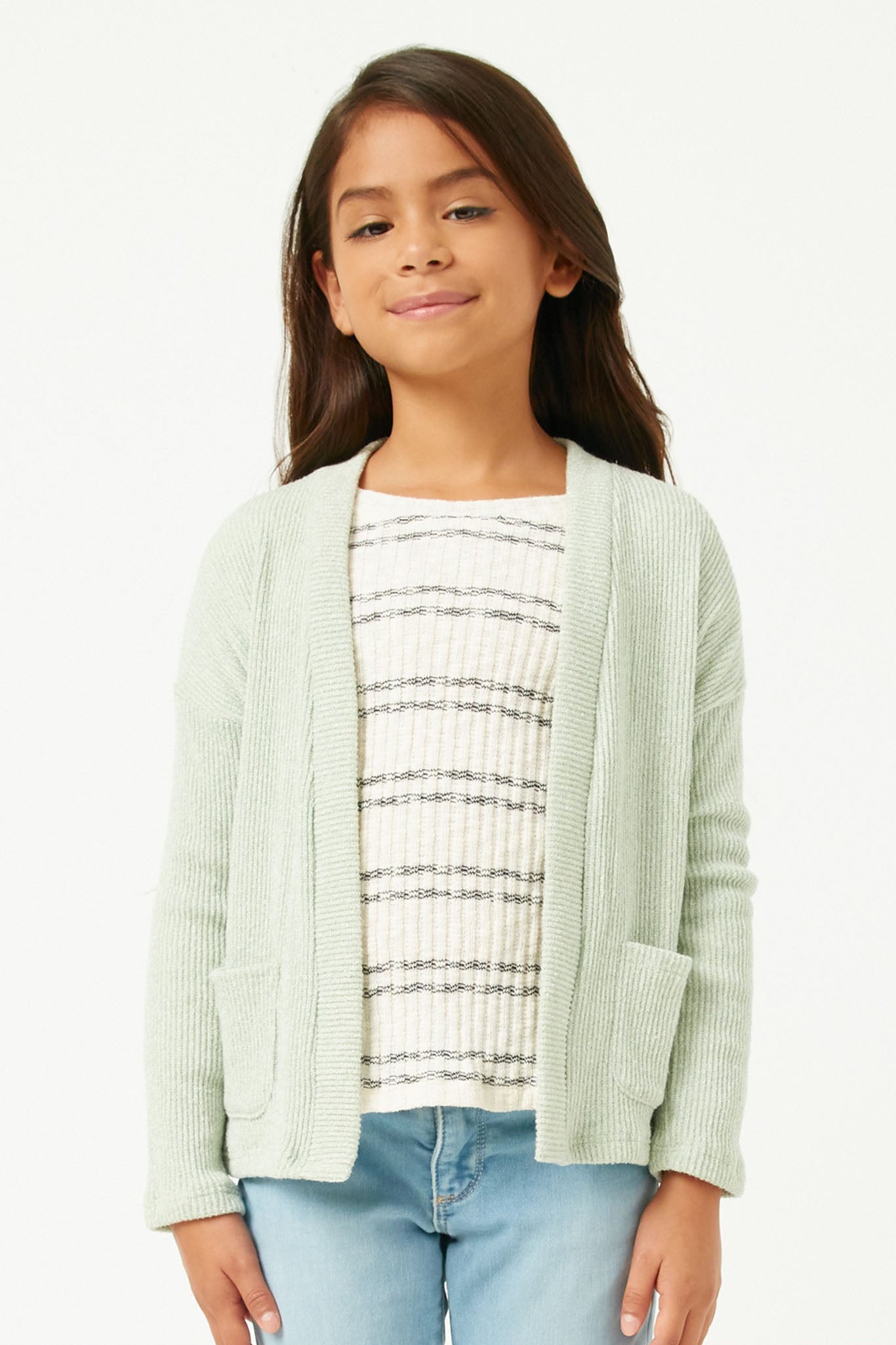 GDY5139 SAGE Girls Heathered Ribbed Knit Pocket Cardigan Front