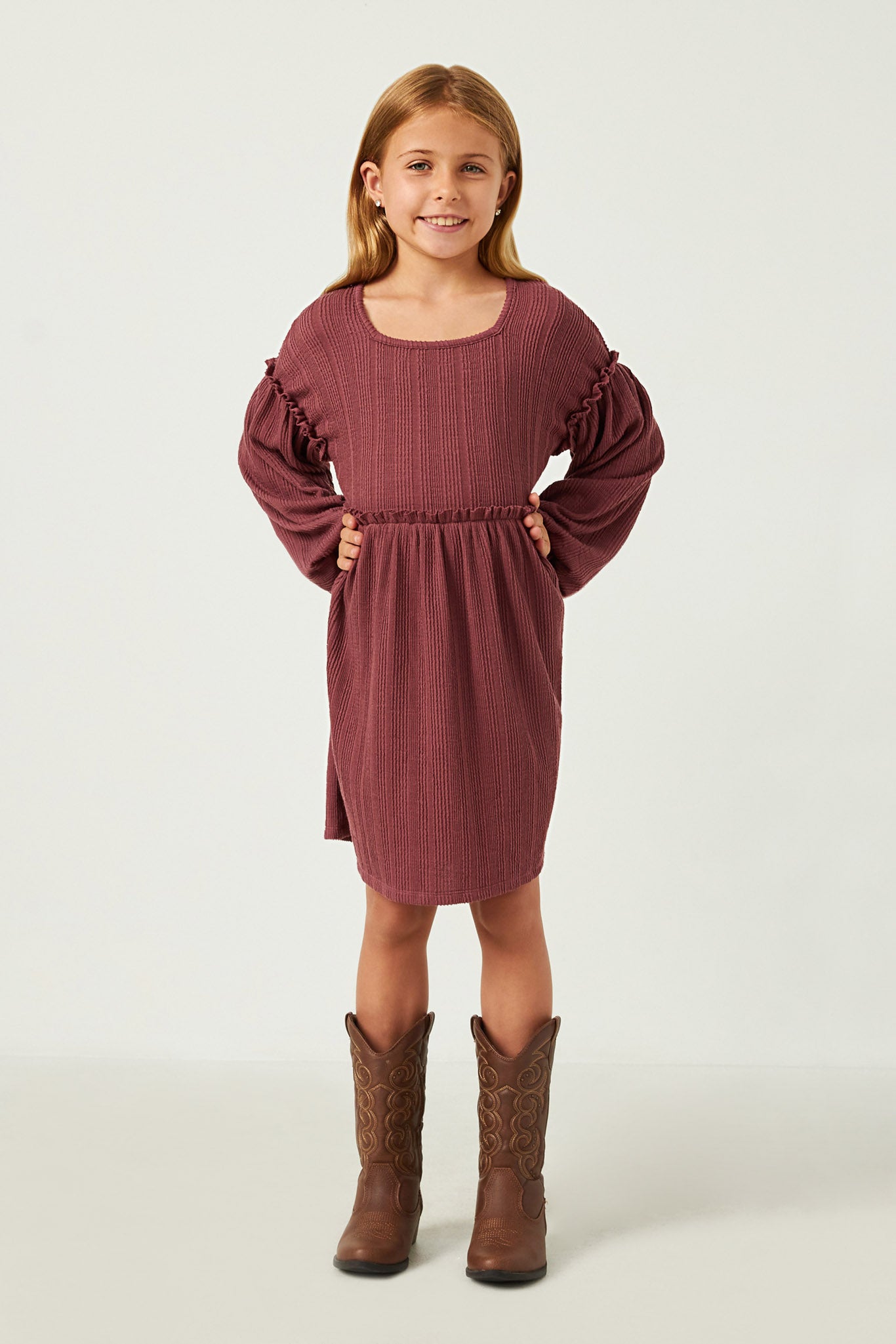 GDY5352 BRICK Girls Ruffle Seam Detail Textured Knit Ribbed Dress Front