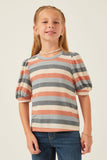 GDY5745 Mint Mix Girls Stripe Terry Puff Sleeve Tee Front