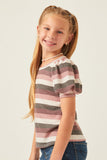 GDY5745 Pink Mix Girls Stripe Terry Puff Sleeve Tee Side