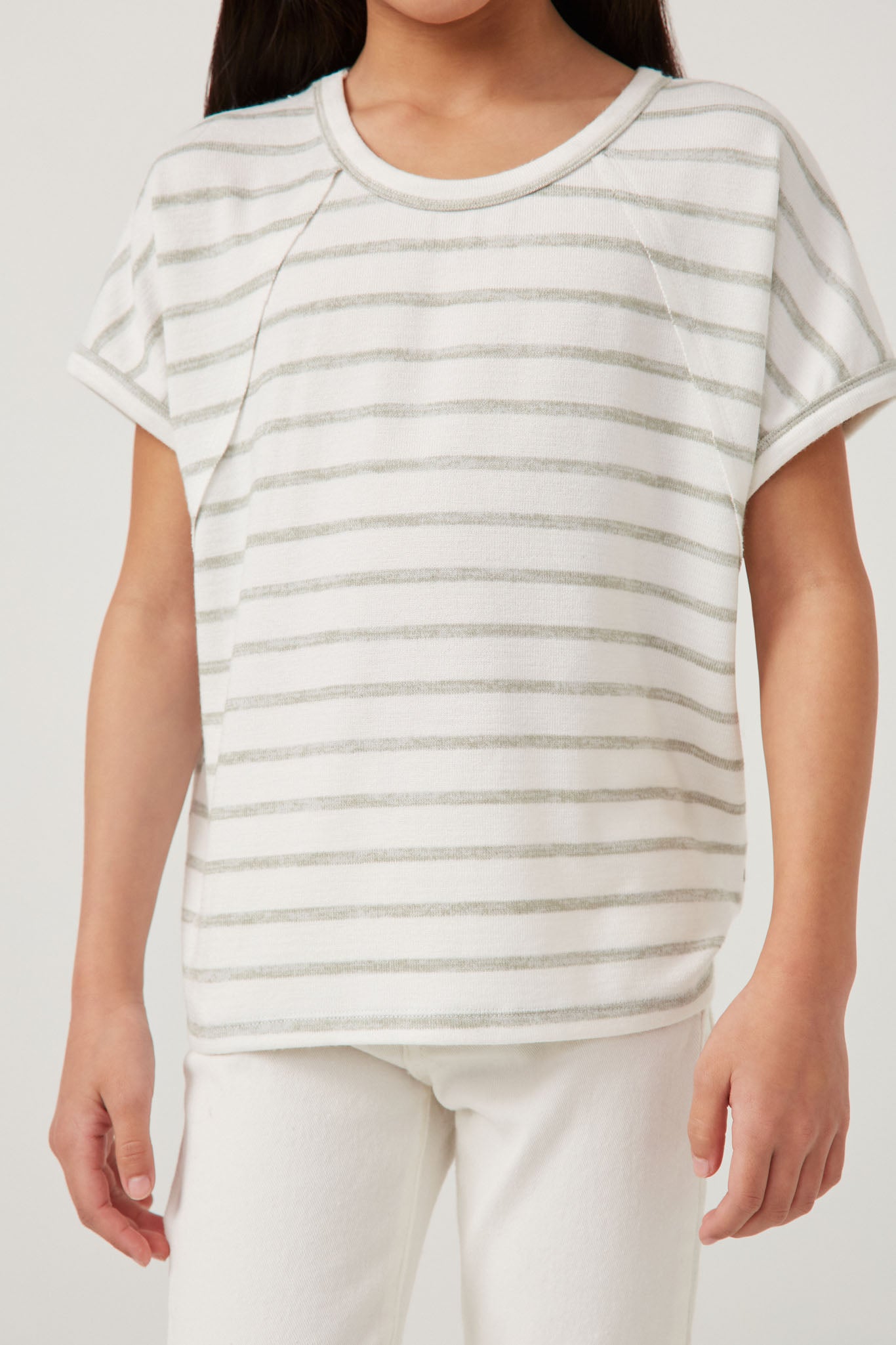 GDY5854 Sage Girls Chalk Striped Raw Edge Raglan Knit Top Detail