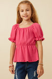 GDY5864 Fuchsia Girls Smocked Textured Knit Cinch Sleeve Babydoll Top Front
