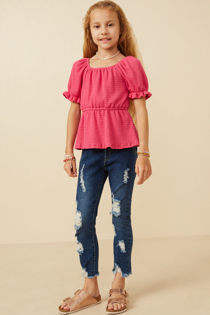 Smocked Textured Knit Cinch Sleeve Babydoll Top