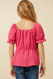 GDY5864 Fuchsia Girls Smocked Textured Knit Cinch Sleeve Babydoll Top Back