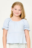 GDY5864 Light Blue Girls Smocked Textured Knit Cinch Sleeve Babydoll Top Front