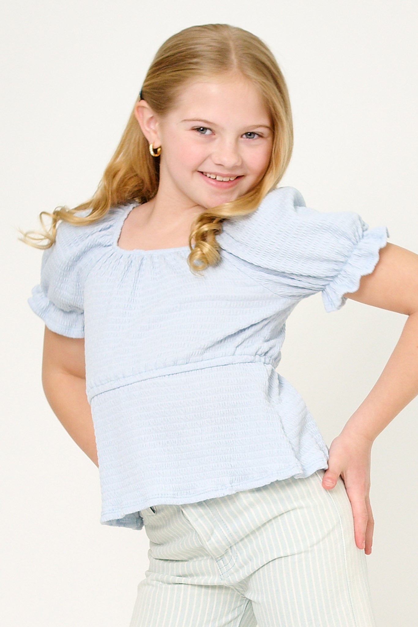 GDY5864 Light Blue Girls Smocked Textured Knit Cinch Sleeve Babydoll Top Pose