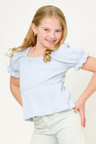 GDY5864 Light Blue Girls Smocked Textured Knit Cinch Sleeve Babydoll Top Pose