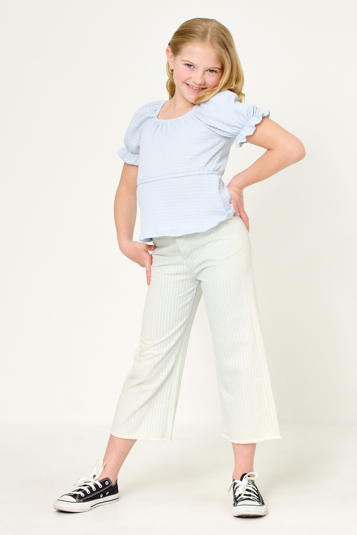 GDY5864 Light Blue Girls Smocked Textured Knit Cinch Sleeve Babydoll Top Full Body 2