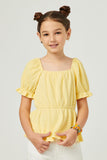 GDY5864 YELLOW Girls Smocked Textured Knit Cinch Sleeve Babydoll Top Front