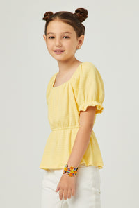 GDY5864 YELLOW Girls Smocked Textured Knit Cinch Sleeve Babydoll Top Side