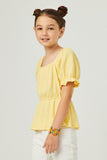 GDY5864 YELLOW Girls Smocked Textured Knit Cinch Sleeve Babydoll Top Side