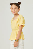 GDY5864 YELLOW Girls Smocked Textured Knit Cinch Sleeve Babydoll Top Side