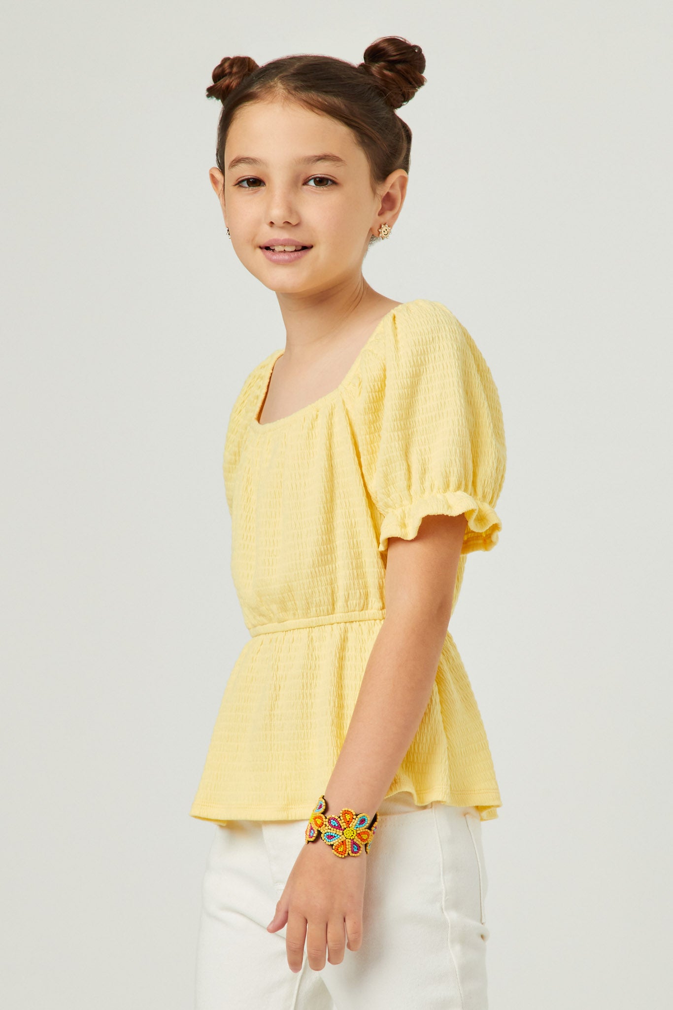 GDY5864 YELLOW Girls Smocked Textured Knit Cinch Sleeve Babydoll Top Side